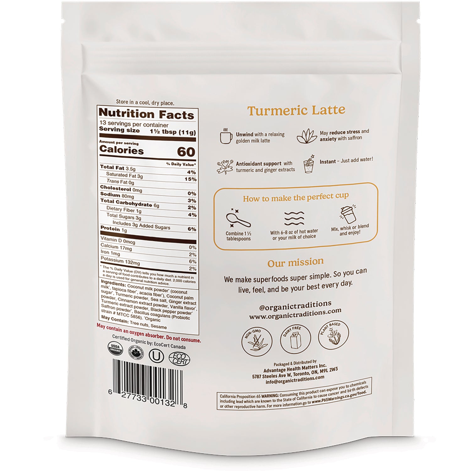 OTR082 | Back of white pouch for Turmeric Latte showing Nutrition Facts, ingredients, preparation instructions and barcode