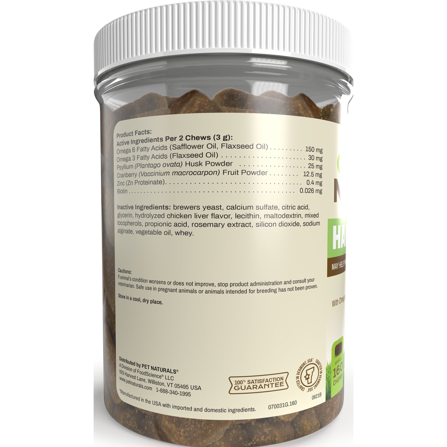 PTN081 | Back label showing Product Facts, active and inactive ingredients, and cautions on pet supplement jar