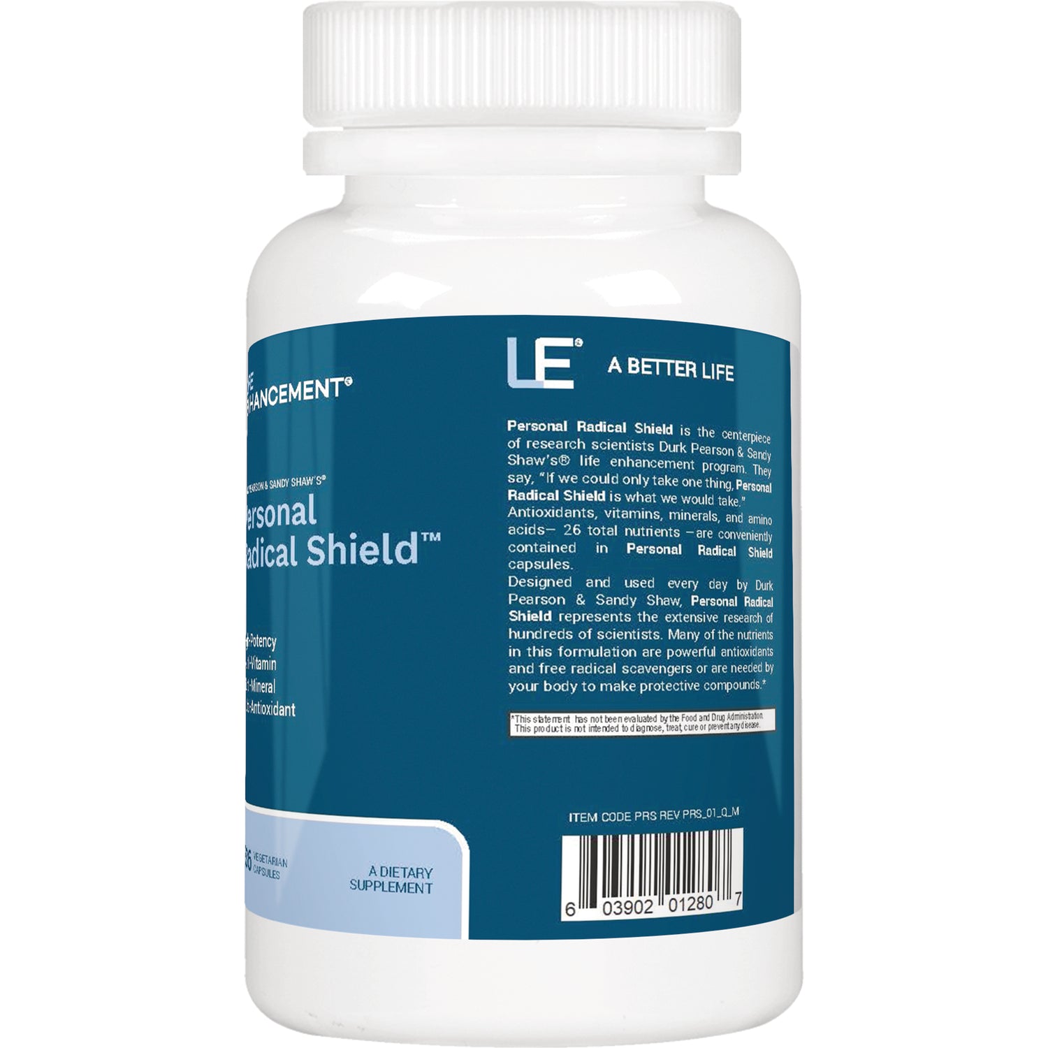 LEN006 | back label of white supplement bottle with blue panel showing product text and barcode