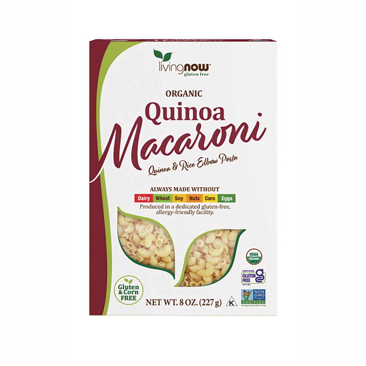 NWF1270 | Living Now organic Quinoa Macaroni box showing 8 oz pasta and gluten & corn free labels
