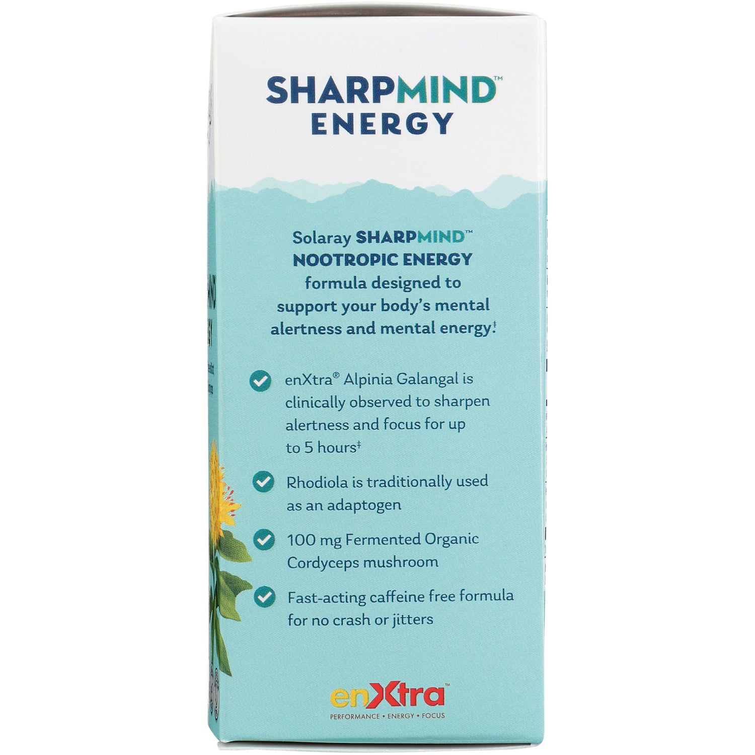 SLR489 | SharpMind Energy side panel listing nootropic ingredients and benefits