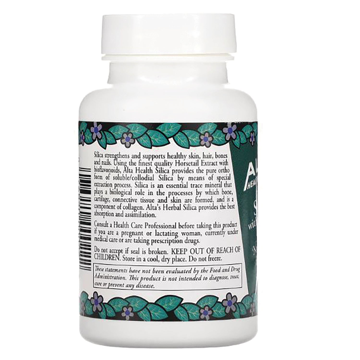 AH022 | Back label of white supplement bottle showing ingredient and warning text with green floral border