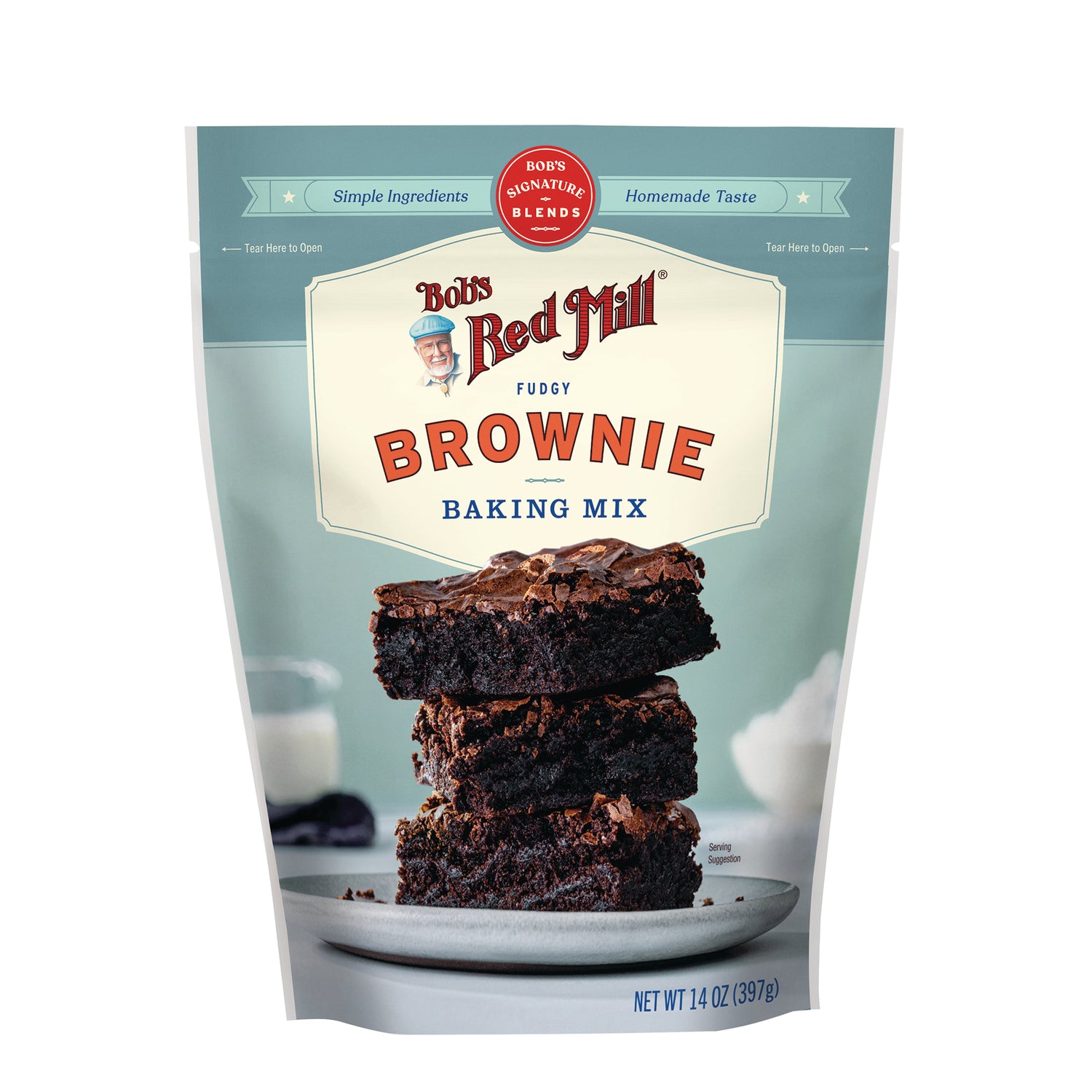 BOB479 | Bob's Red Mill fudgy brownie baking mix pouch with a stack of three brownies on a plate