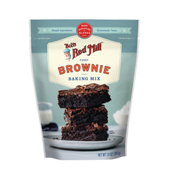 BOB479 | Bob's Red Mill fudgy brownie baking mix pouch with a stack of three brownies on a plate