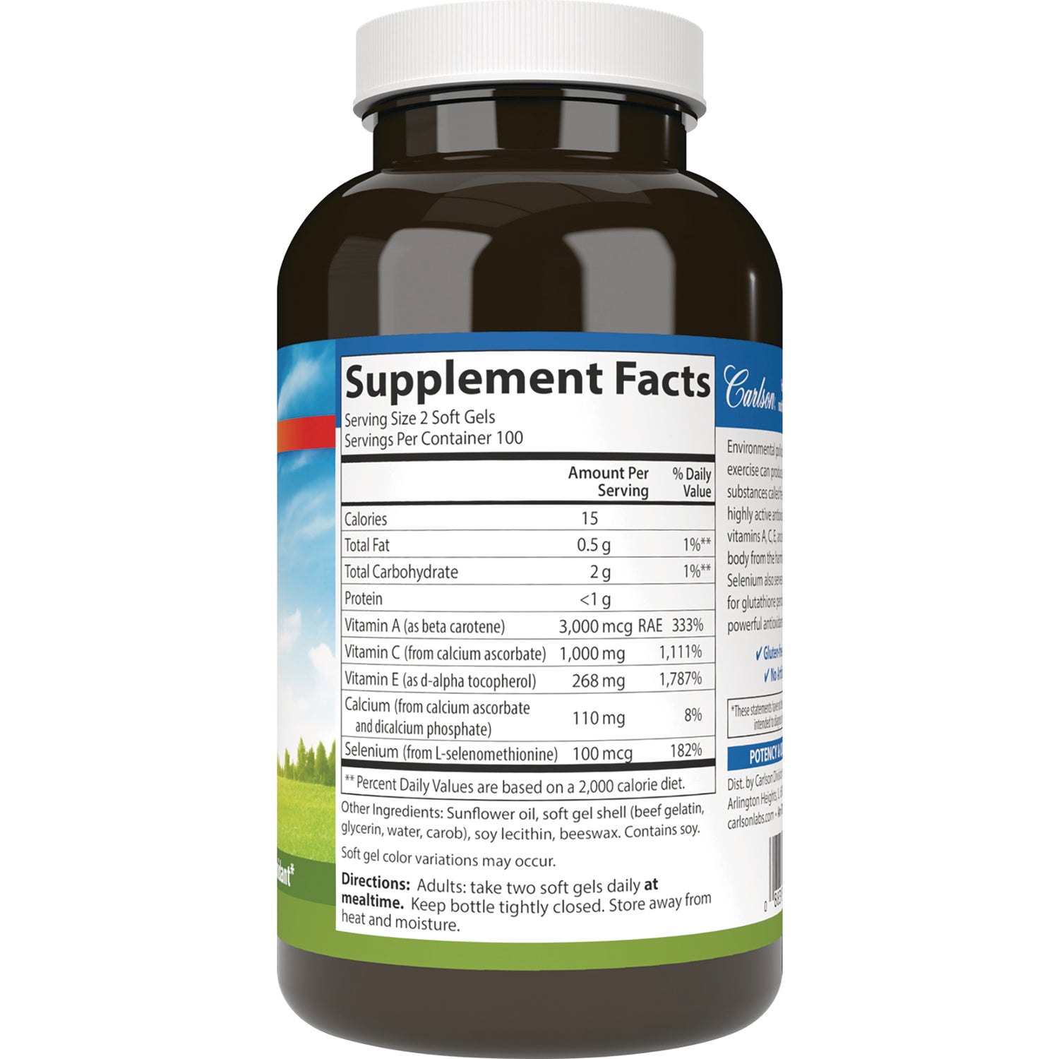 CSN066 | back label showing Supplement Facts panel, serving size, nutrient amounts, and directions on a brown bottle