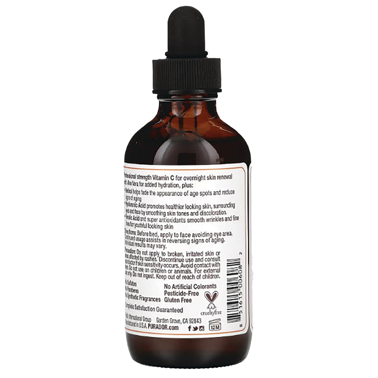PDO007 | amber glass dropper bottle back showing label text, barcode, and ingredient information