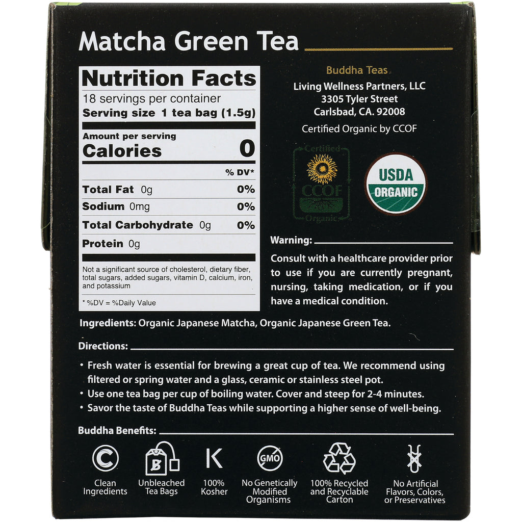 BUD006 | Back of Matcha Green Tea box showing Nutrition Facts, ingredients, directions, USDA Organic and certification logos - Thumbnail
