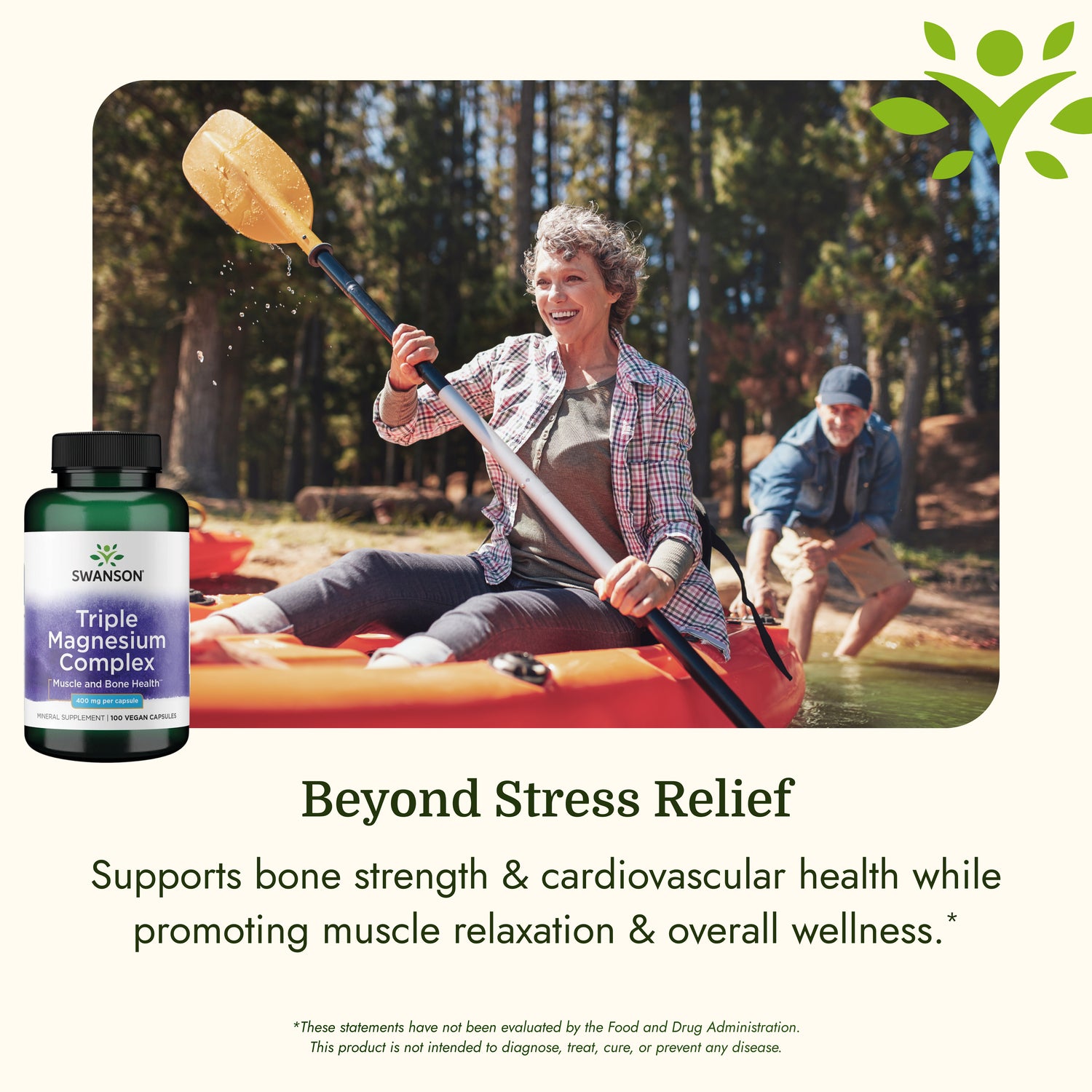 SW808 | Swanson Triple Magnesium Complex supplement in a kayaking lifestyle scene with benefit text