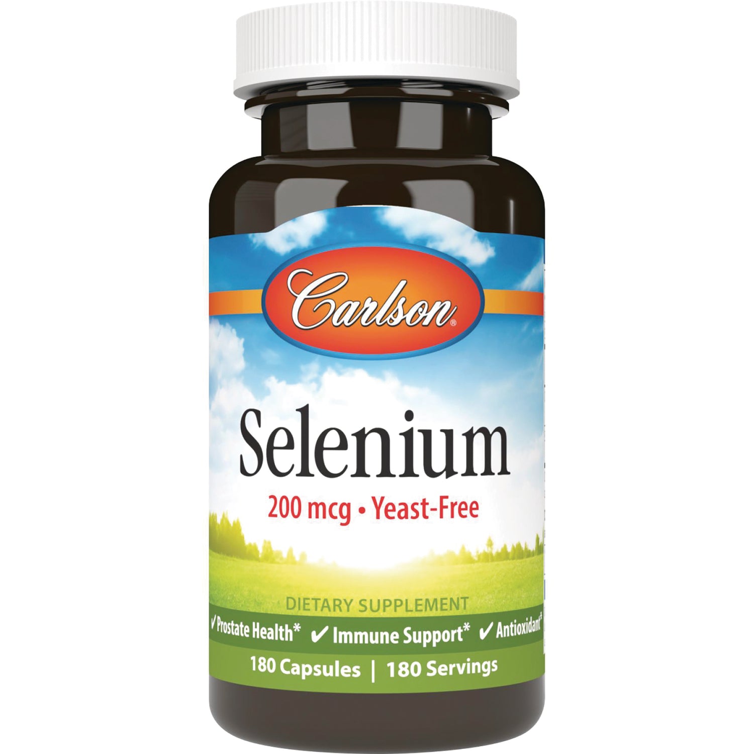 CSN143 | Carlson Selenium supplement bottle, front label reading Selenium 200 mcg Yeast-Free, 180 capsules