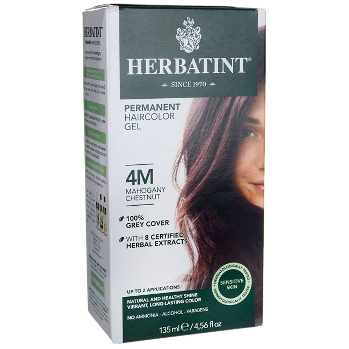 HBT010 | Herbatint permanent haircolor gel 4M Mahogany Chestnut box showing product name and model hair