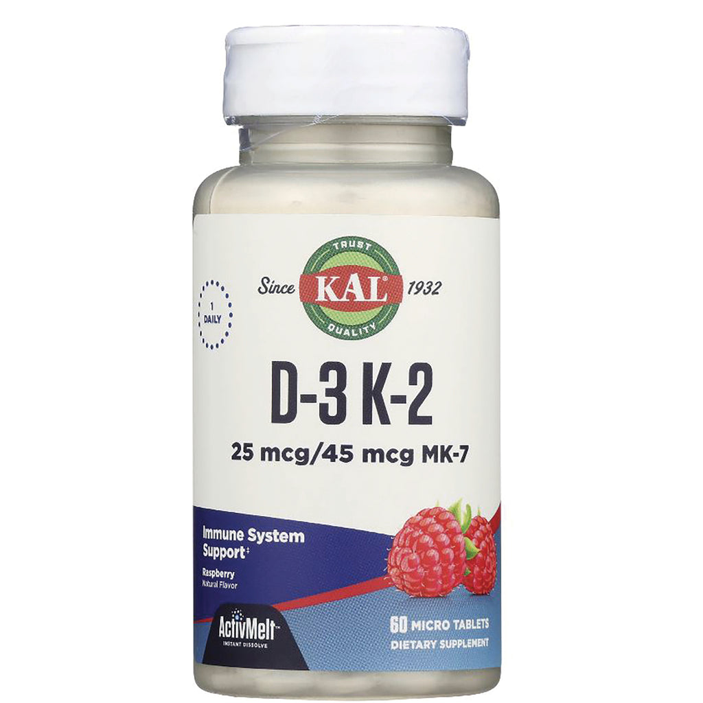 KL540 | KAL D-3 K-2 raspberry micro tablets bottle, 25 mcg/45 mcg MK-7 dosage, 60 count dietary supplement - Thumbnail
