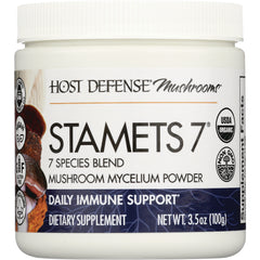FUN029 | Front label of Stamets 7 mushroom mycelium powder dietary supplement daily immune support 3.5 oz
