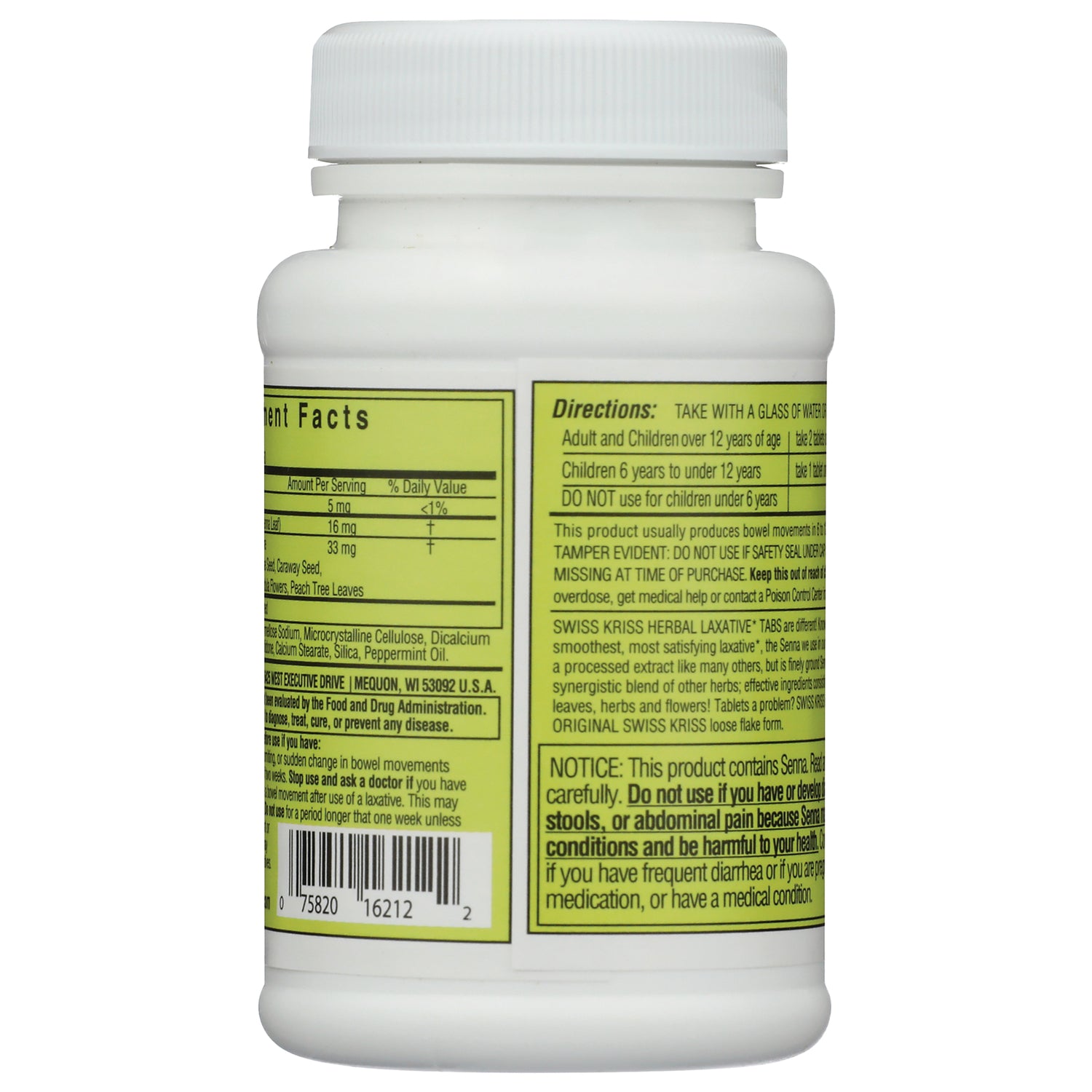 SKR001 | Back of white supplement bottle showing yellow nutrition facts and directions label with barcode