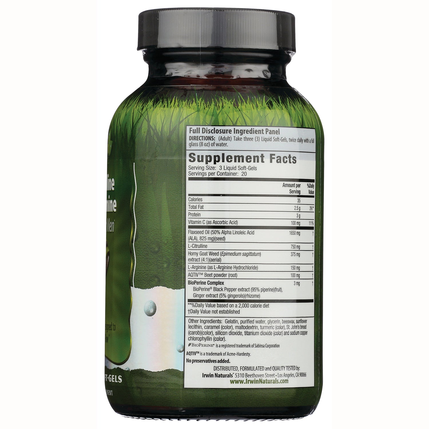 IR273 | Back label showing Supplement Facts panel and ingredient list on green supplement bottle