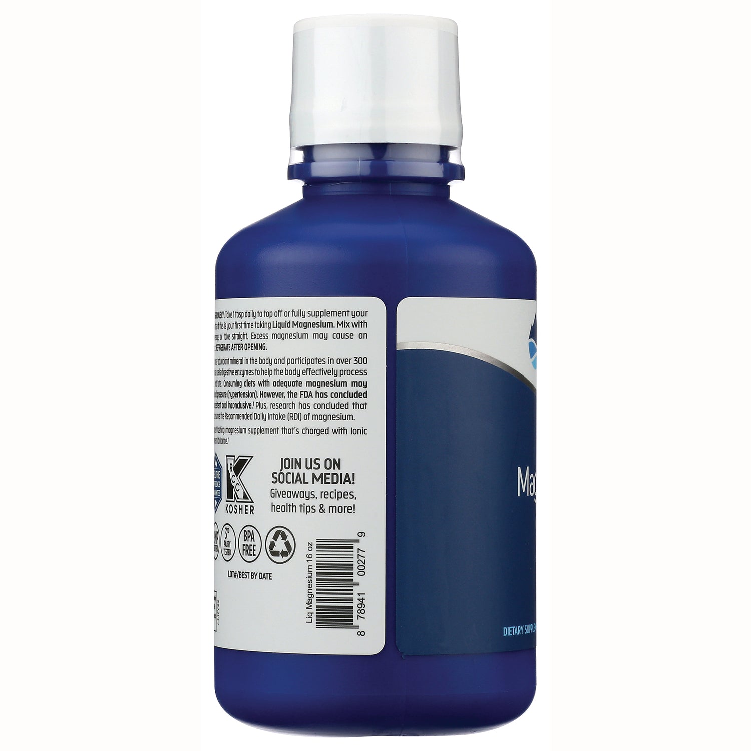 TM053 | Back of blue supplement bottle with white cap; side label shows social media callout and barcode