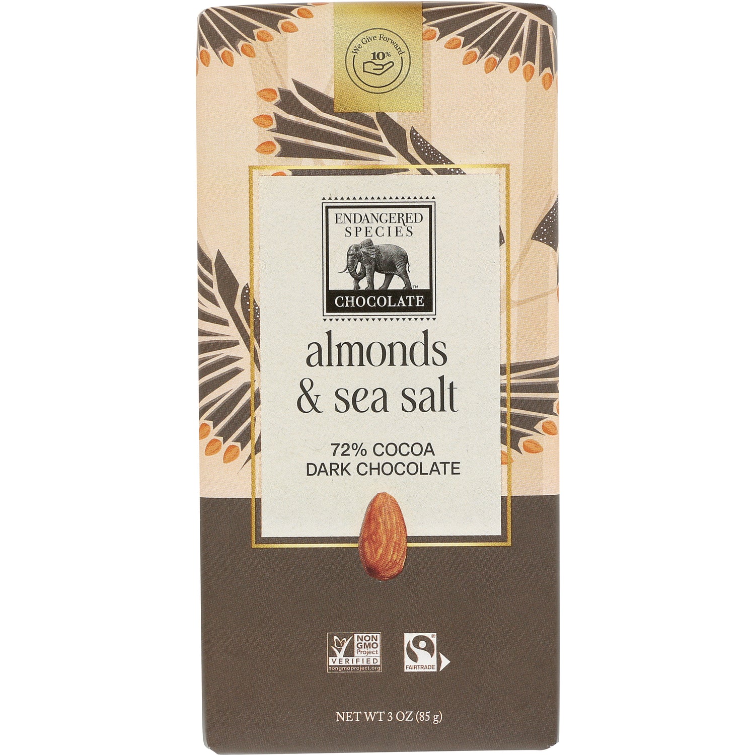 EES002 | Endangered Species Chocolate almonds & sea salt 72% cocoa dark chocolate bar front packaging