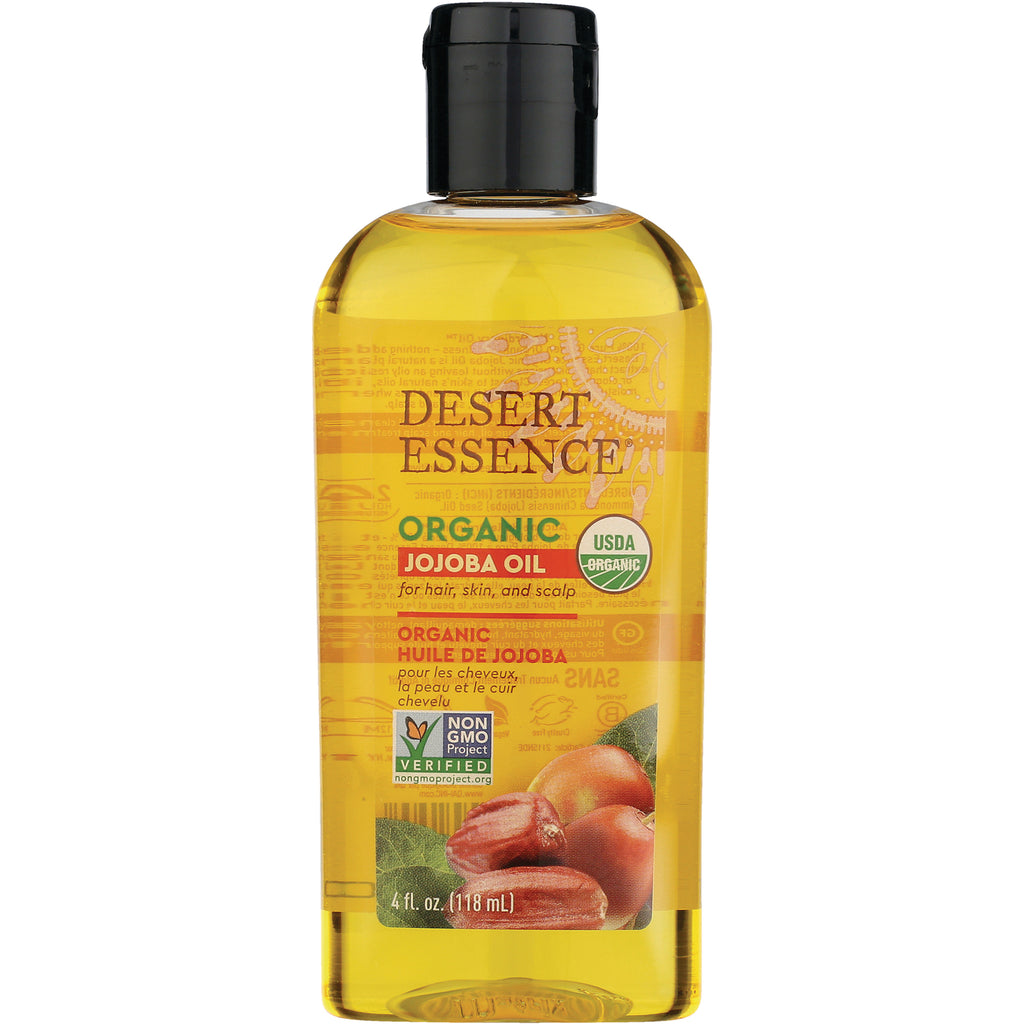 DST075 | Desert Essence organic jojoba oil 4 fl oz bottle with black flip cap and visible USDA Organic and Non GMO labels - Thumbnail