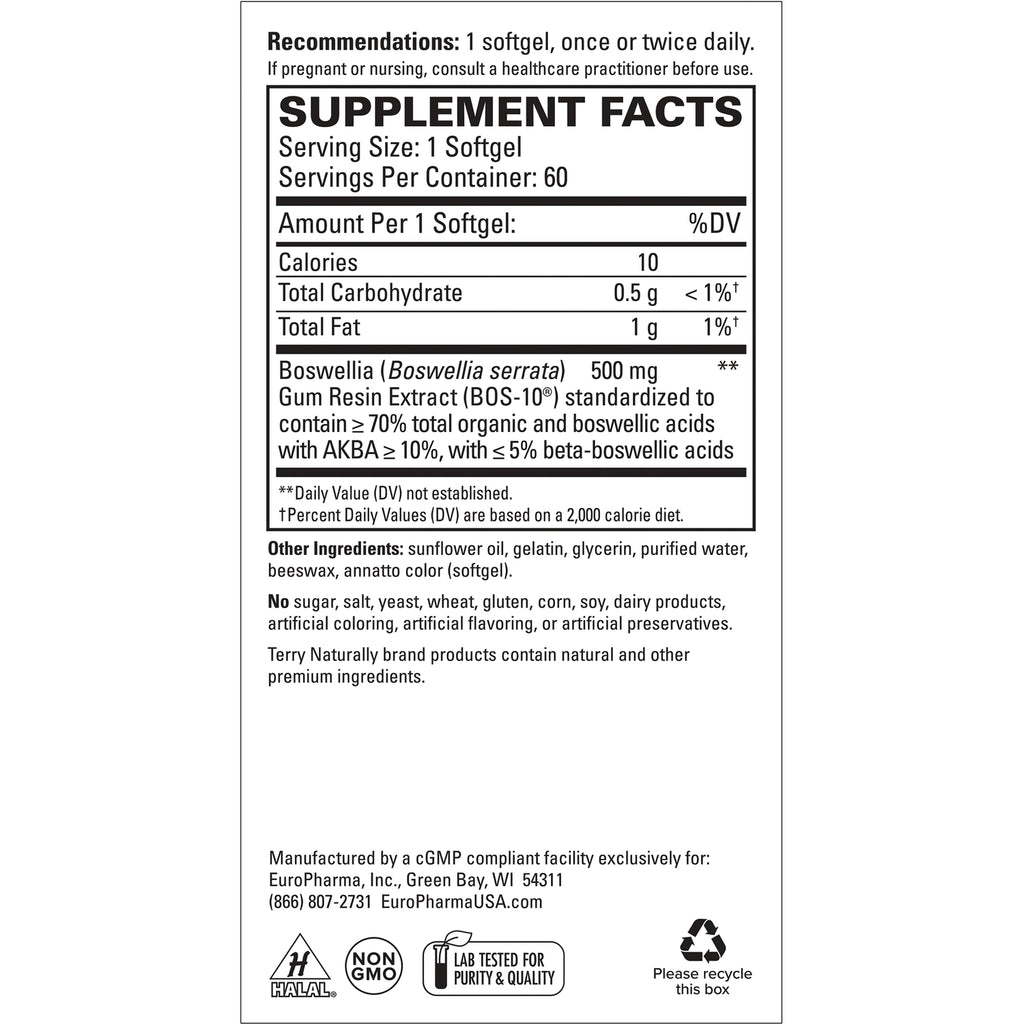 EUR031 | Supplement facts panel showing serving size 1 softgel, Boswellia 500 mg, other ingredients and manufacturer info - Thumbnail
