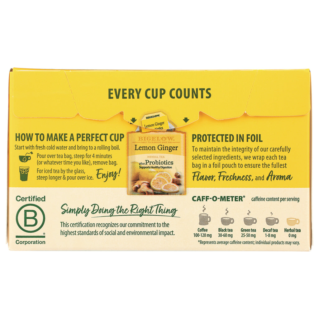 BGT008 | product infographic back panel with brewing instructions, certification seal, and caffeine chart for lemon ginger tea - Thumbnail