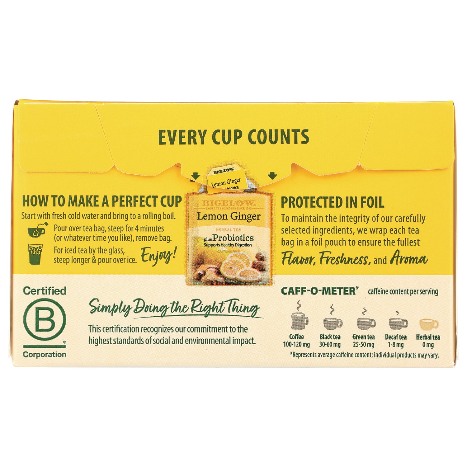 BGT008 | product infographic back panel with brewing instructions, certification seal, and caffeine chart for lemon ginger tea