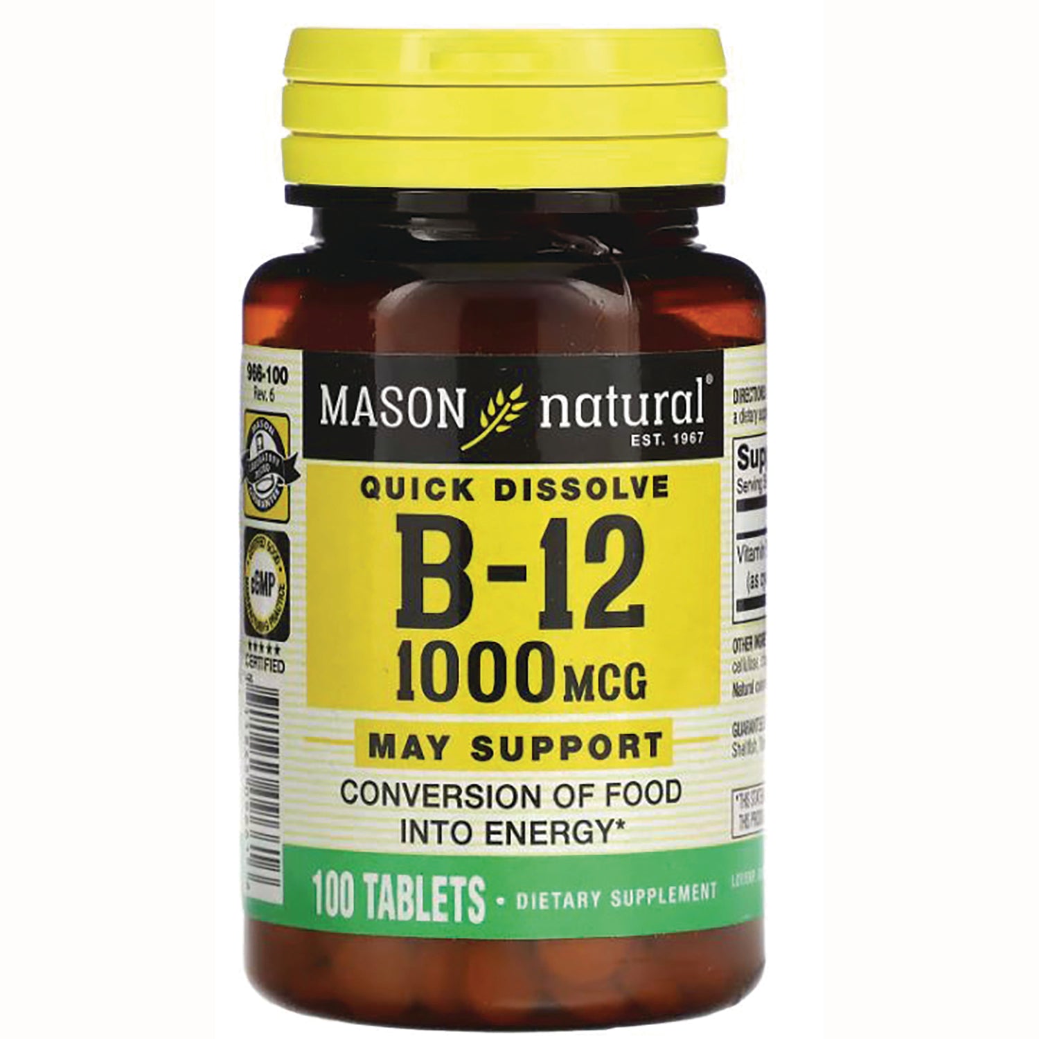 MSN001 | Mason Natural quick dissolve B-12 1000 mcg tablet bottle, 100 tablets