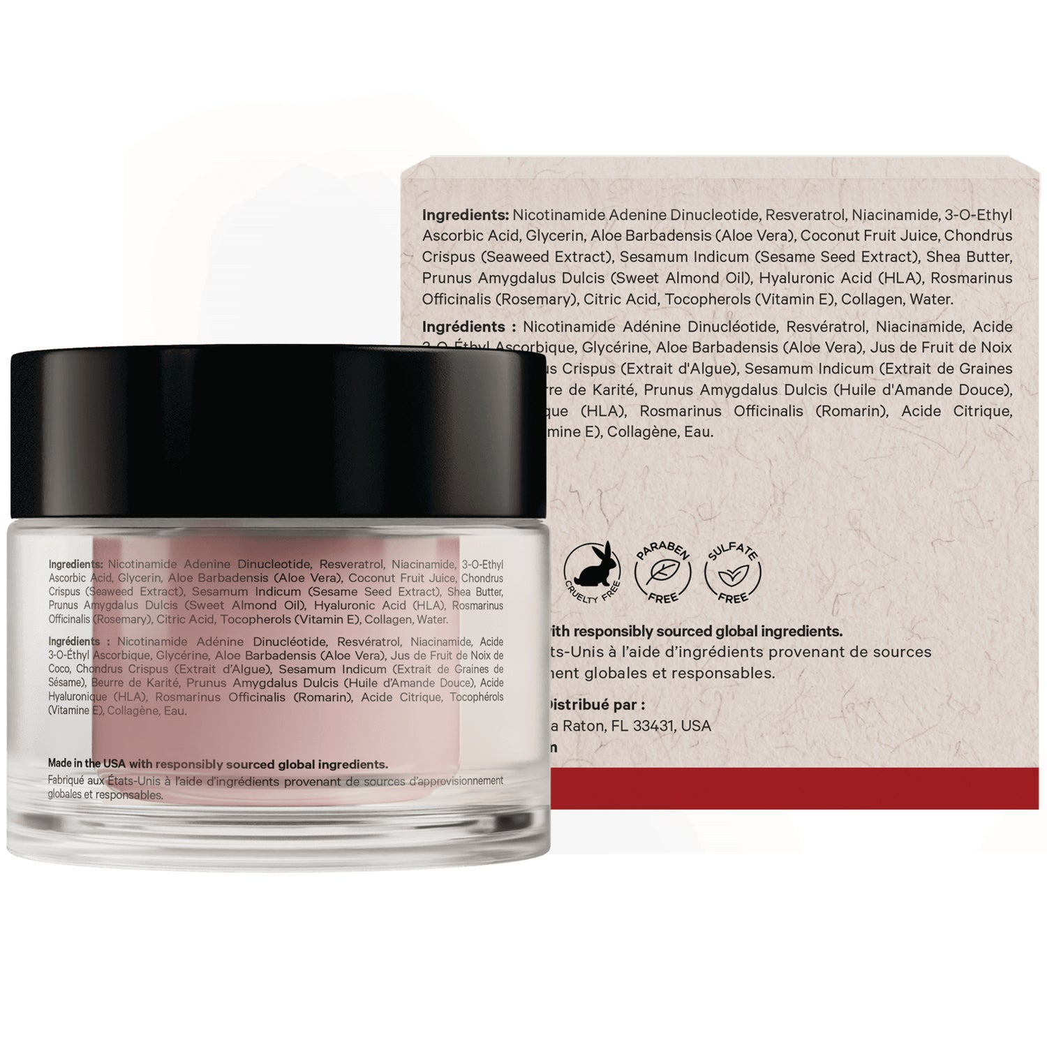 CDG056 | jar and box back showing ingredient list and cruelty free, paraben free, sulfate free icons