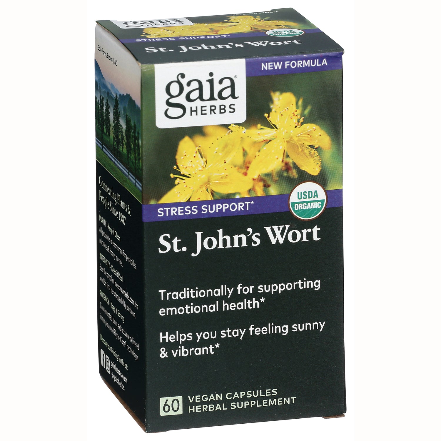 GH021 | Gaia Herbs St. John's Wort front-facing box with yellow flowers and USDA Organic badge, 60 vegan capsules