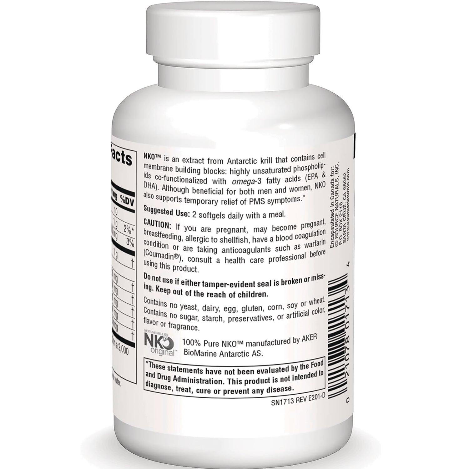 SN127 | back label of white supplement bottle showing Suggested Use 2 softgels daily, caution and ingredient statements, and barcode