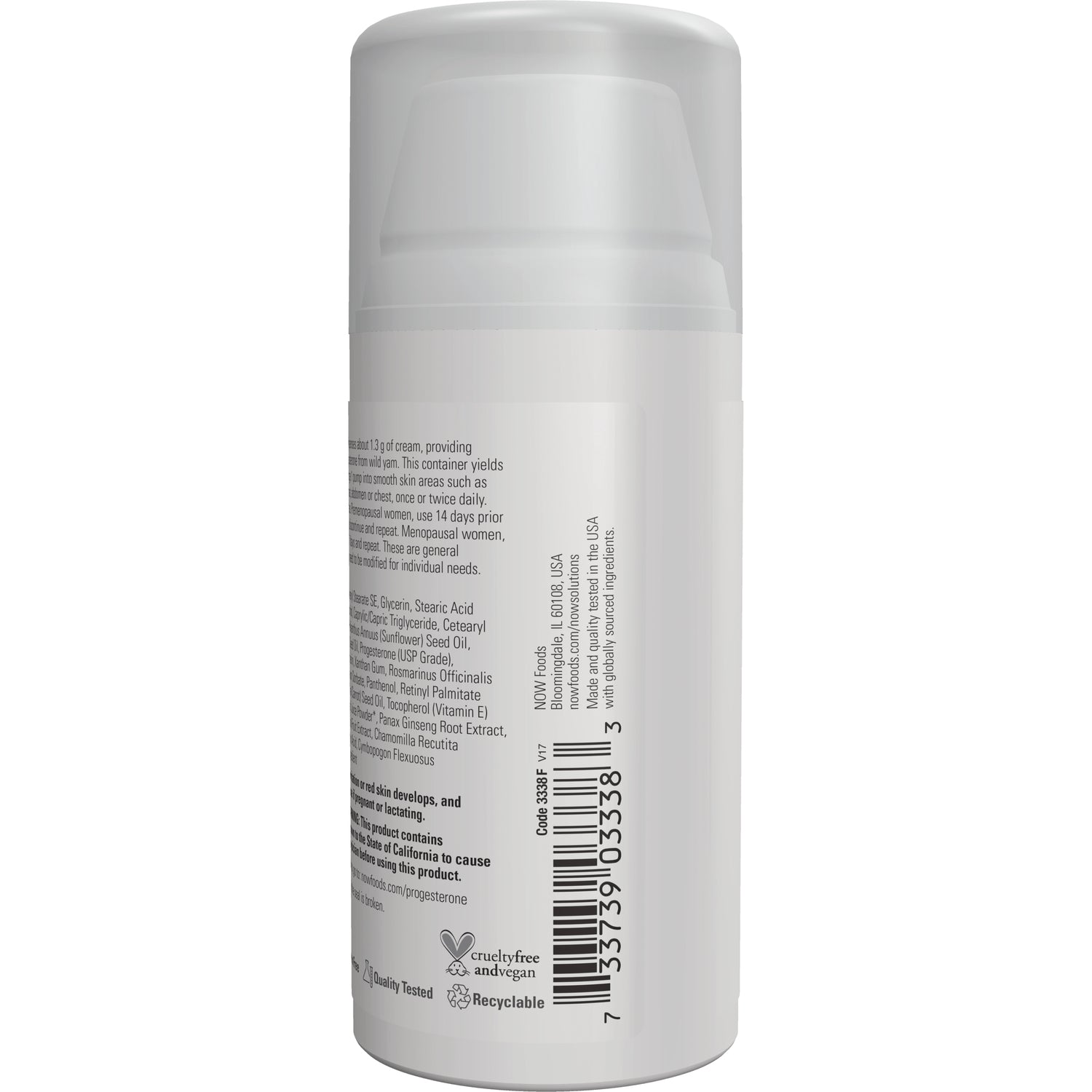 NWF257 | back of white pump bottle showing ingredient text, barcode, and recycling and cruelty-free icons