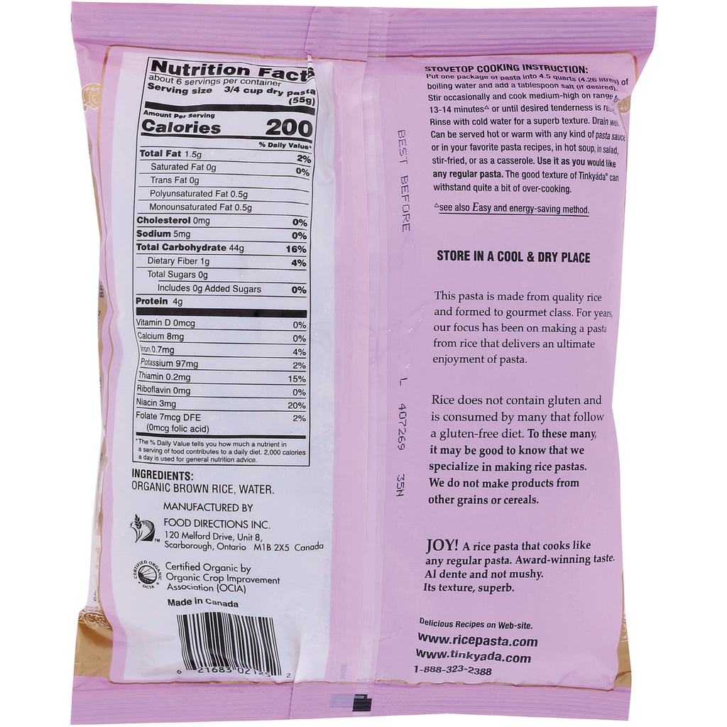 TKY015 | Back of Tinkyada Organic Brown Rice Pasta bag with Nutrition Facts, ingredients, and cooking instructions - Thumbnail