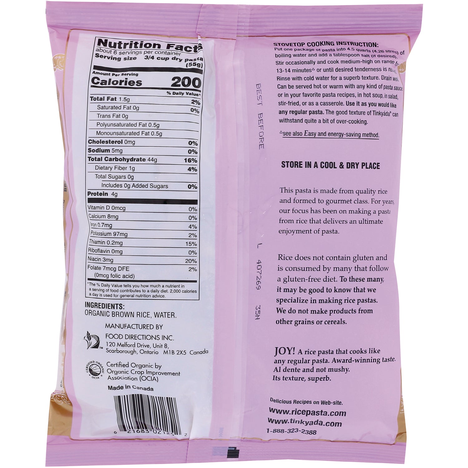 TKY015 | Back of Tinkyada Organic Brown Rice Pasta bag with Nutrition Facts, ingredients, and cooking instructions