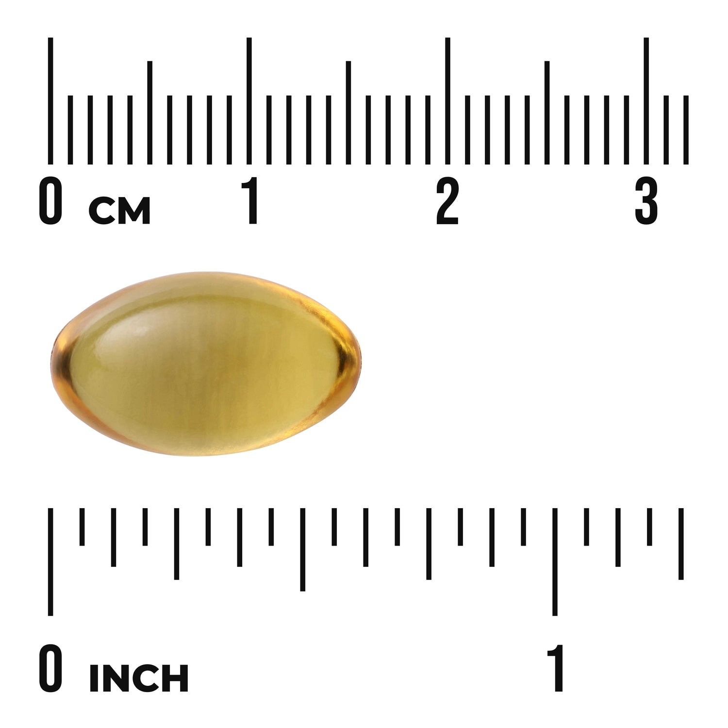 SW152 | Gold oval softgel on ruler showing measurements 0 cm and 0 inch