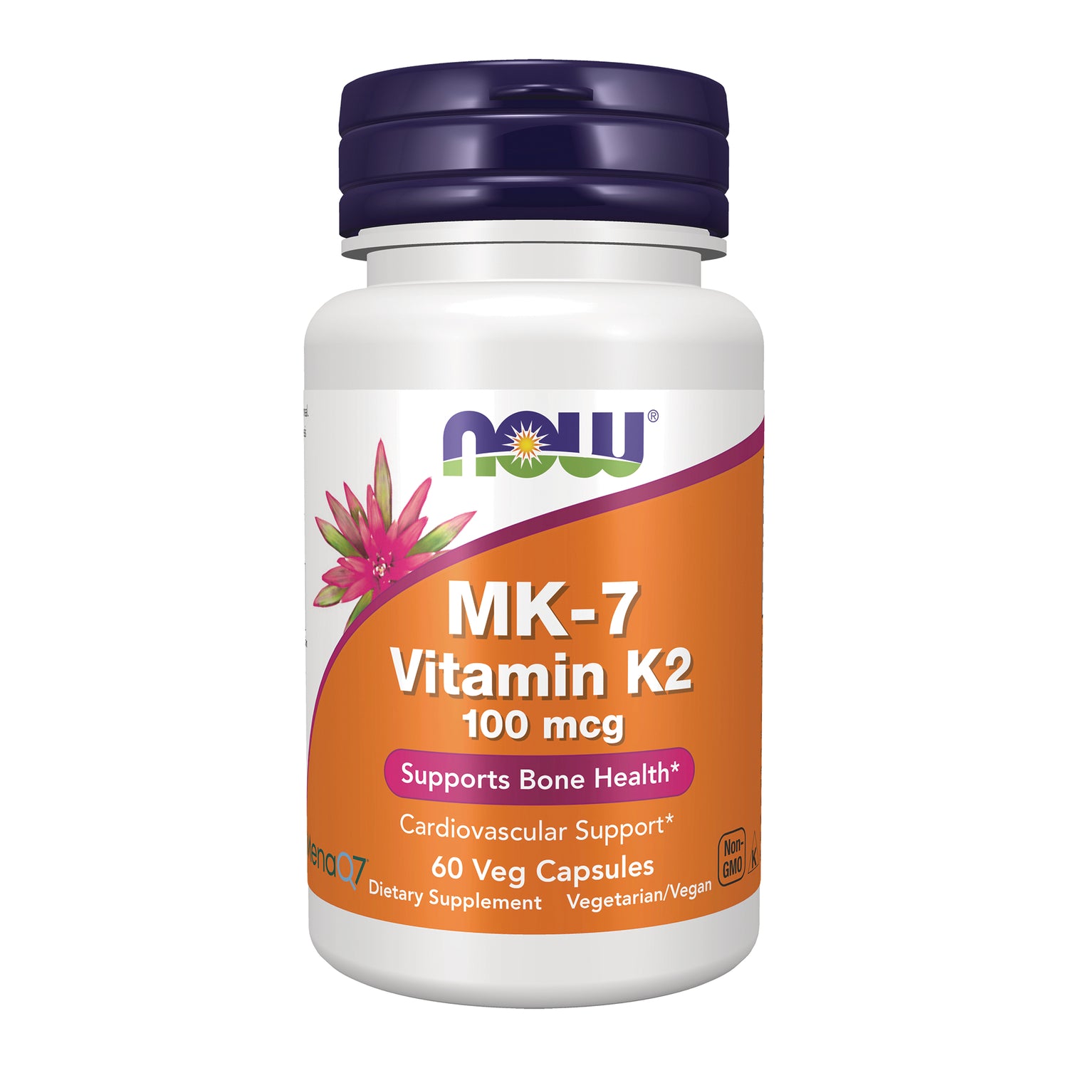 NWF989 | White bottle with orange label reading NOW MK-7 Vitamin K-2 100 mcg 60 Veg Capsules
