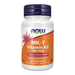 NWF989 | White bottle with orange label reading NOW MK-7 Vitamin K-2 100 mcg 60 Veg Capsules