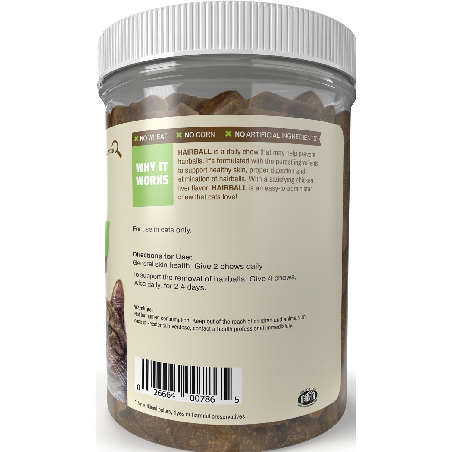 PTN081 | back label of cat hairball chew jar showing directions, warnings and barcode