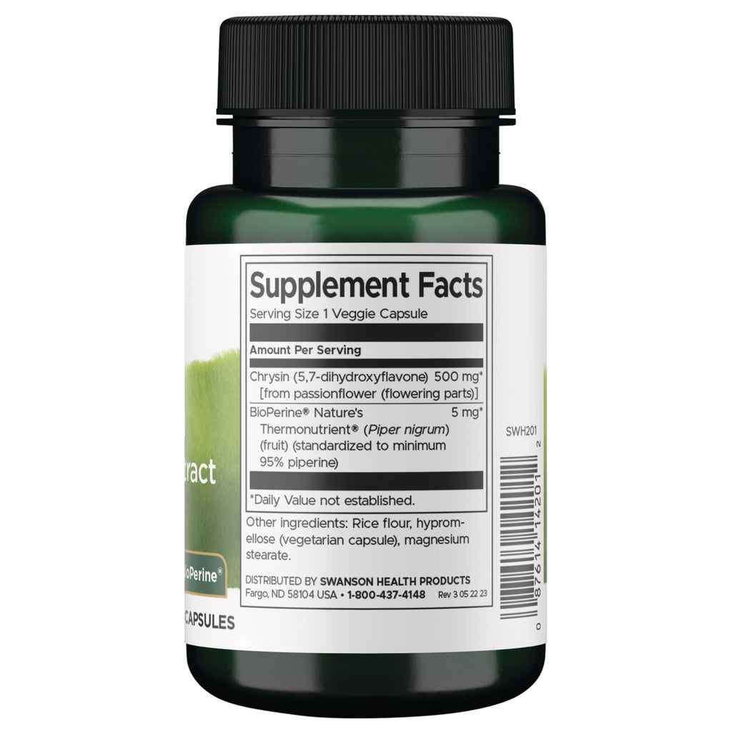 SWH201 | Back label showing Supplement Facts, serving size 1 veggie capsule, chrysin 500 mg and BioPerine 5 mg - Thumbnail