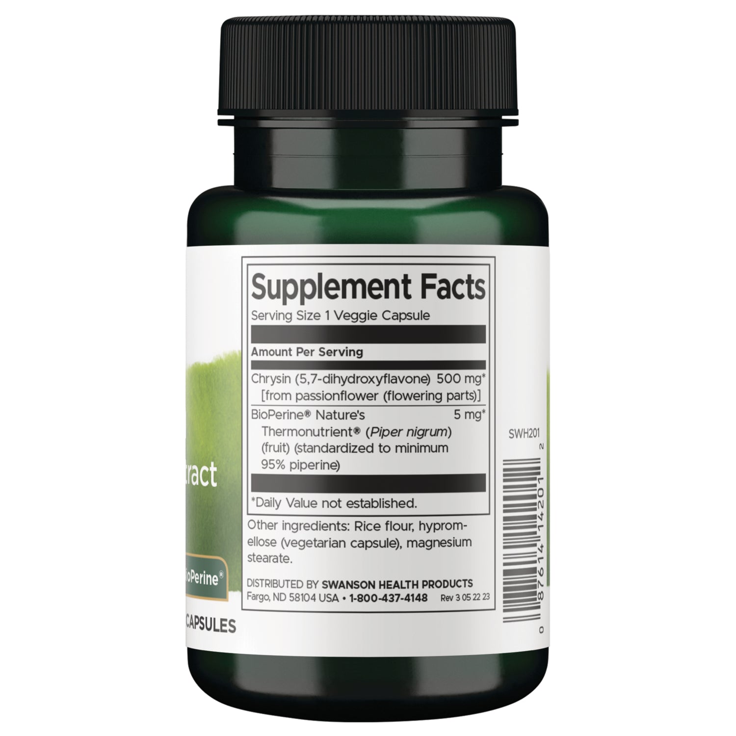SWH201 | Back label showing Supplement Facts, serving size 1 veggie capsule, chrysin 500 mg and BioPerine 5 mg