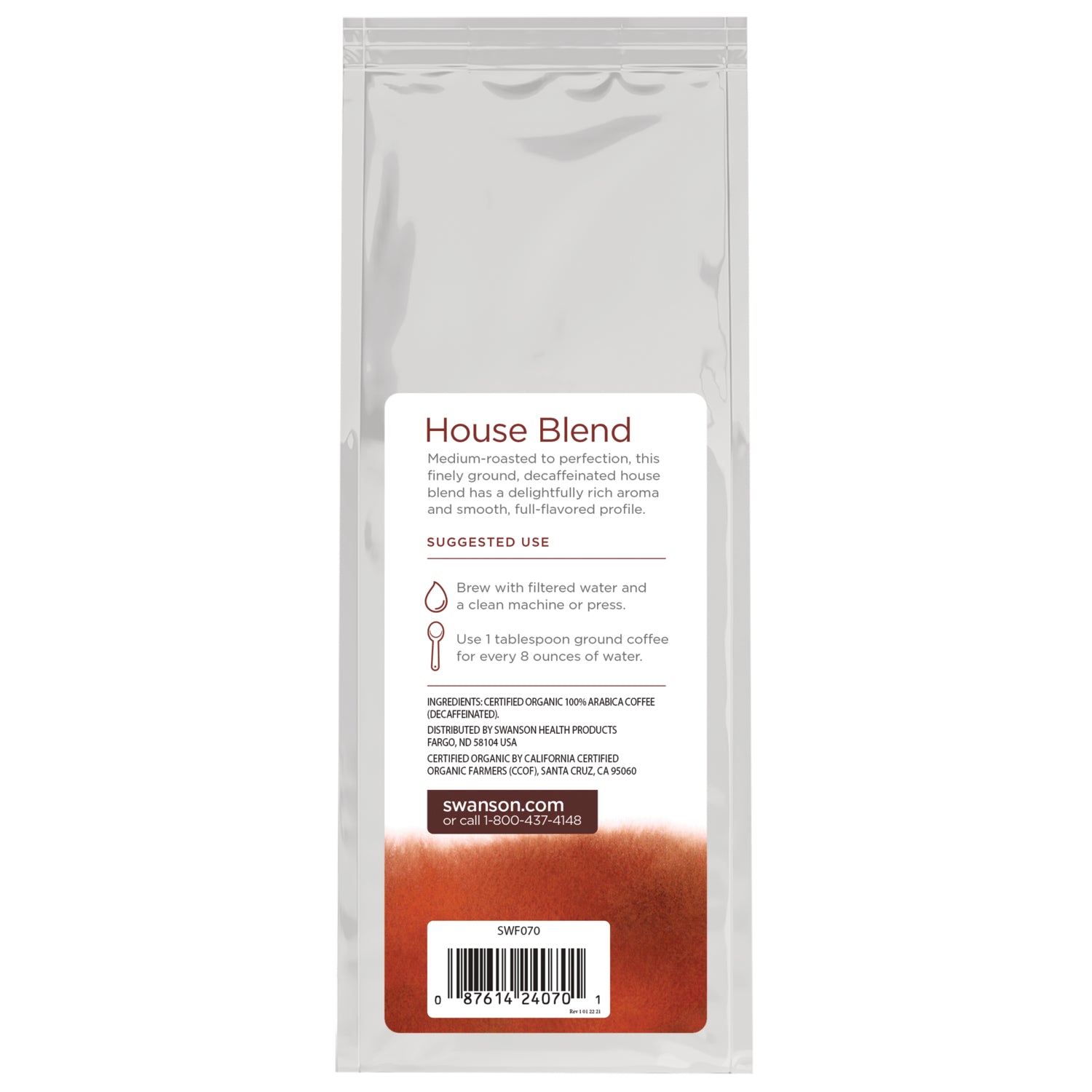 SWF070 | Back of House Blend decaf ground coffee bag with suggested use panel and barcode