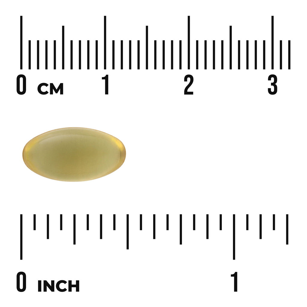 SW1016 | oval yellow softgel capsule next to centimeter and inch rulers showing size - Thumbnail