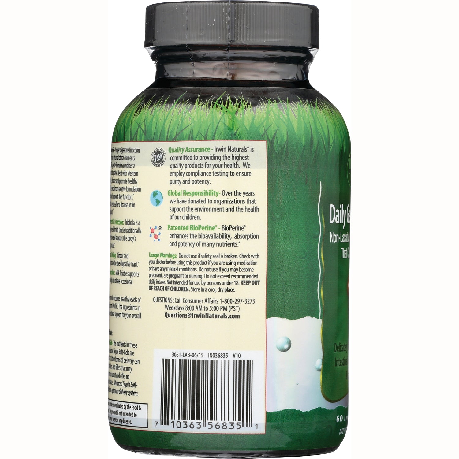 IR084 | Back label of green supplement bottle showing quality assurance text, usage warnings and barcode