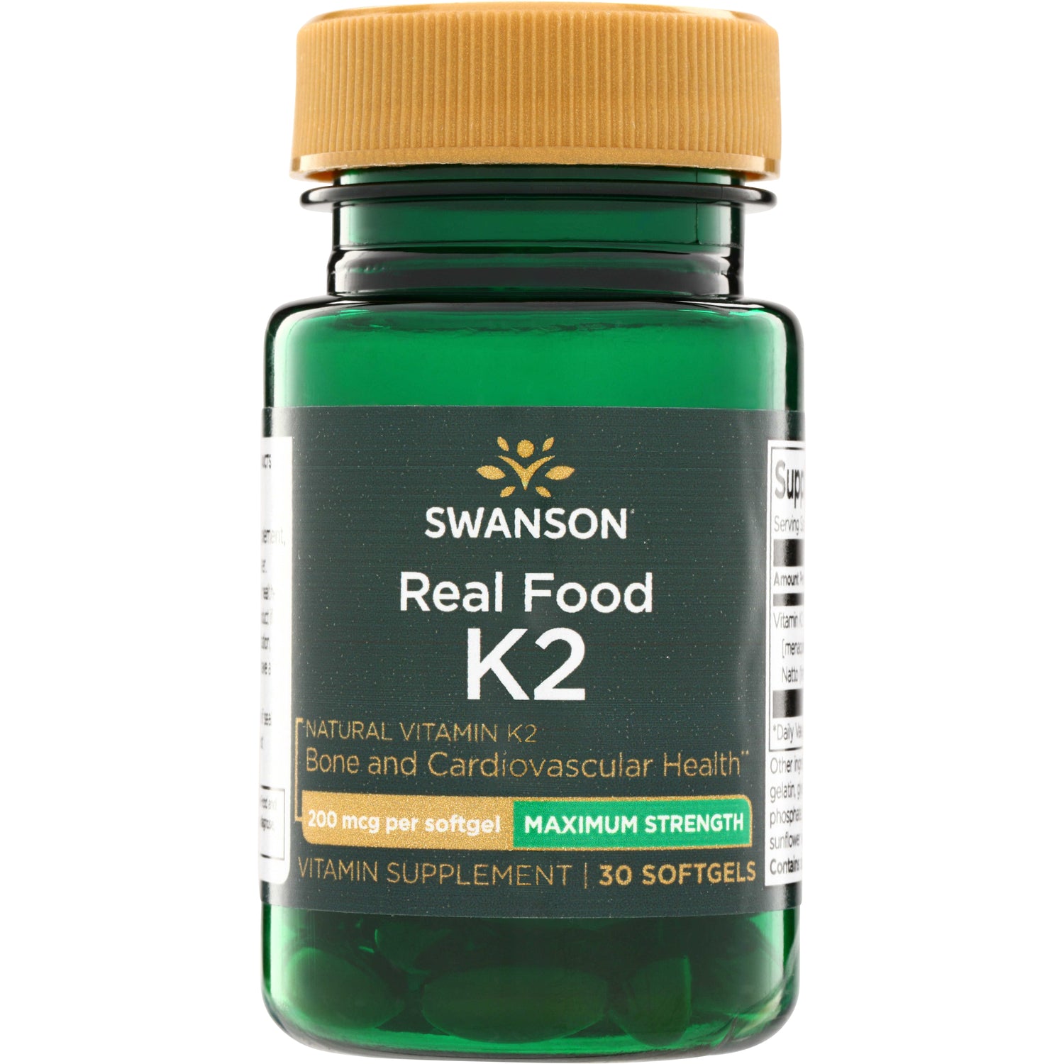 SWU906 | Swanson Real Food K2 supplement bottle, 200 mcg per softgel, Maximum Strength, 30 softgels