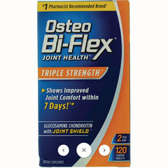 OBF007 | Osteo Bi-Flex Triple Strength joint health box front, 120 coated tablets, claims improved joint comfort within 7 days