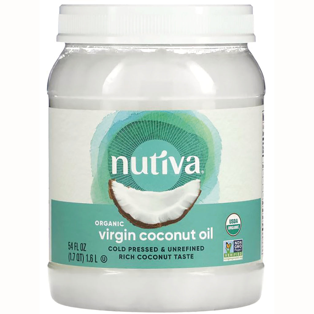 NTV001 | Nutiva jar of organic virgin coconut oil with teal label reading virgin coconut oil and cold pressed unrefined - Thumbnail