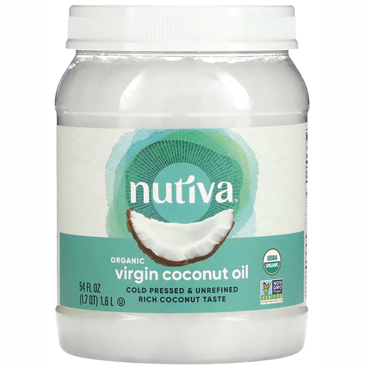 NTV001 | Nutiva jar of organic virgin coconut oil with teal label reading virgin coconut oil and cold pressed unrefined