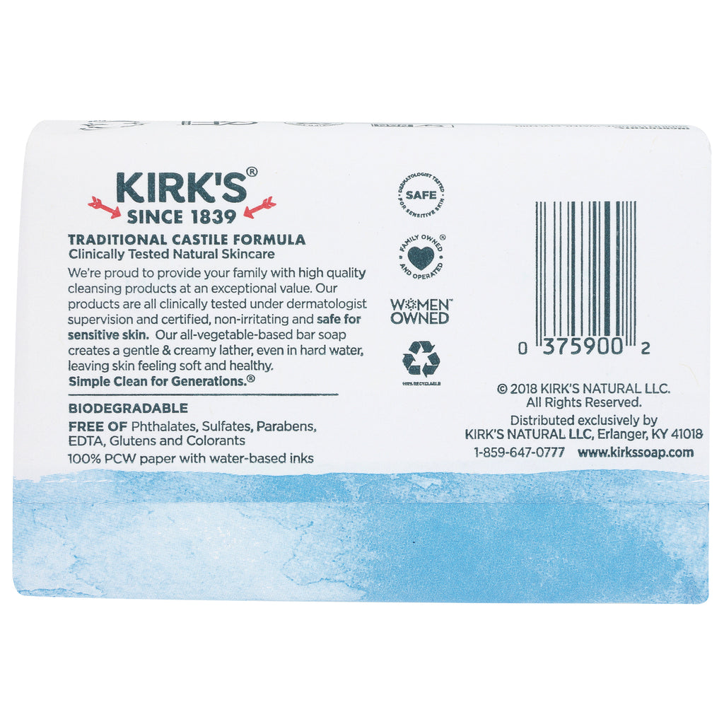KIR001 | back of Kirk's Castile soap box showing ingredients, barcode, certifications and recycling symbol - Thumbnail