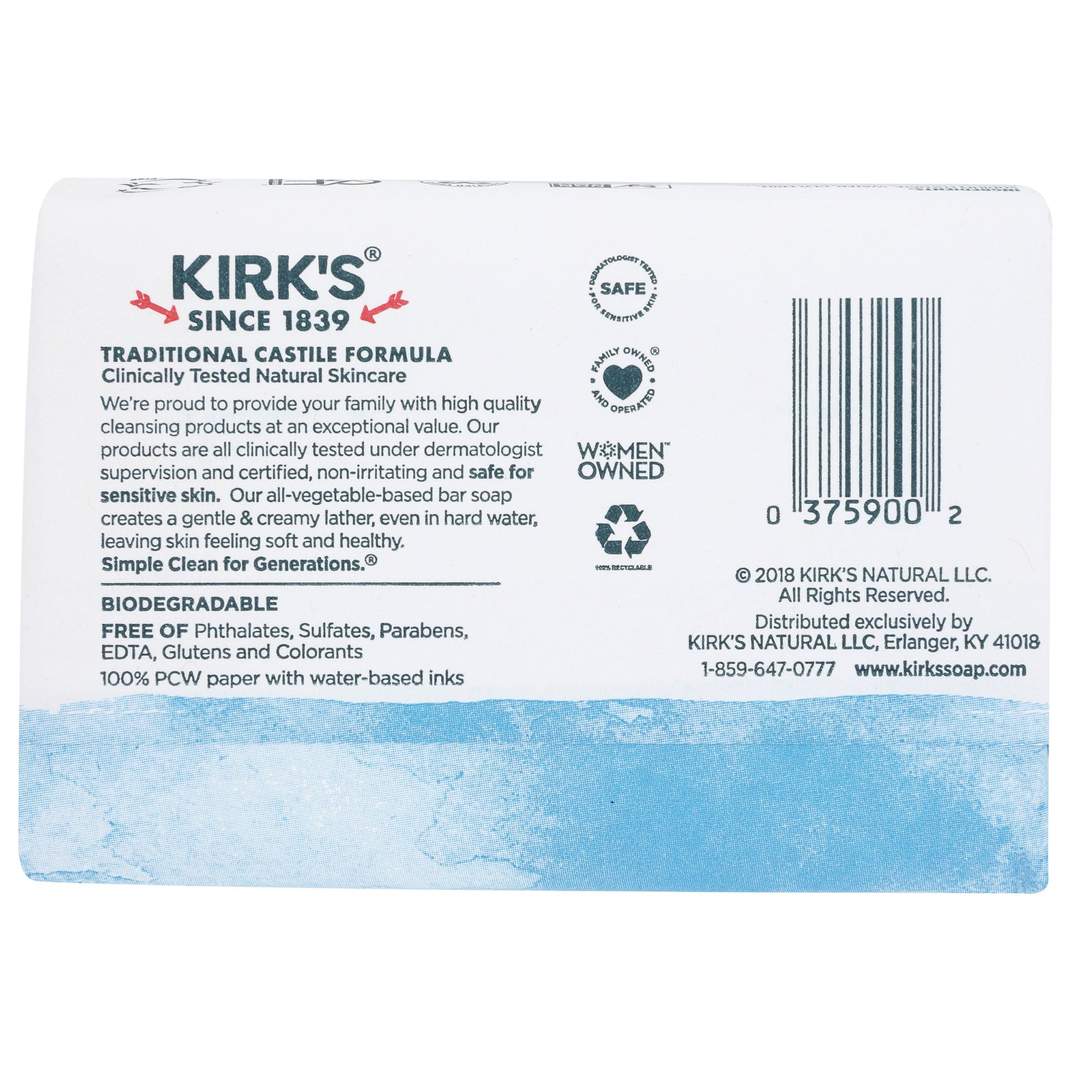 KIR001 | back of Kirk's Castile soap box showing ingredients, barcode, certifications and recycling symbol