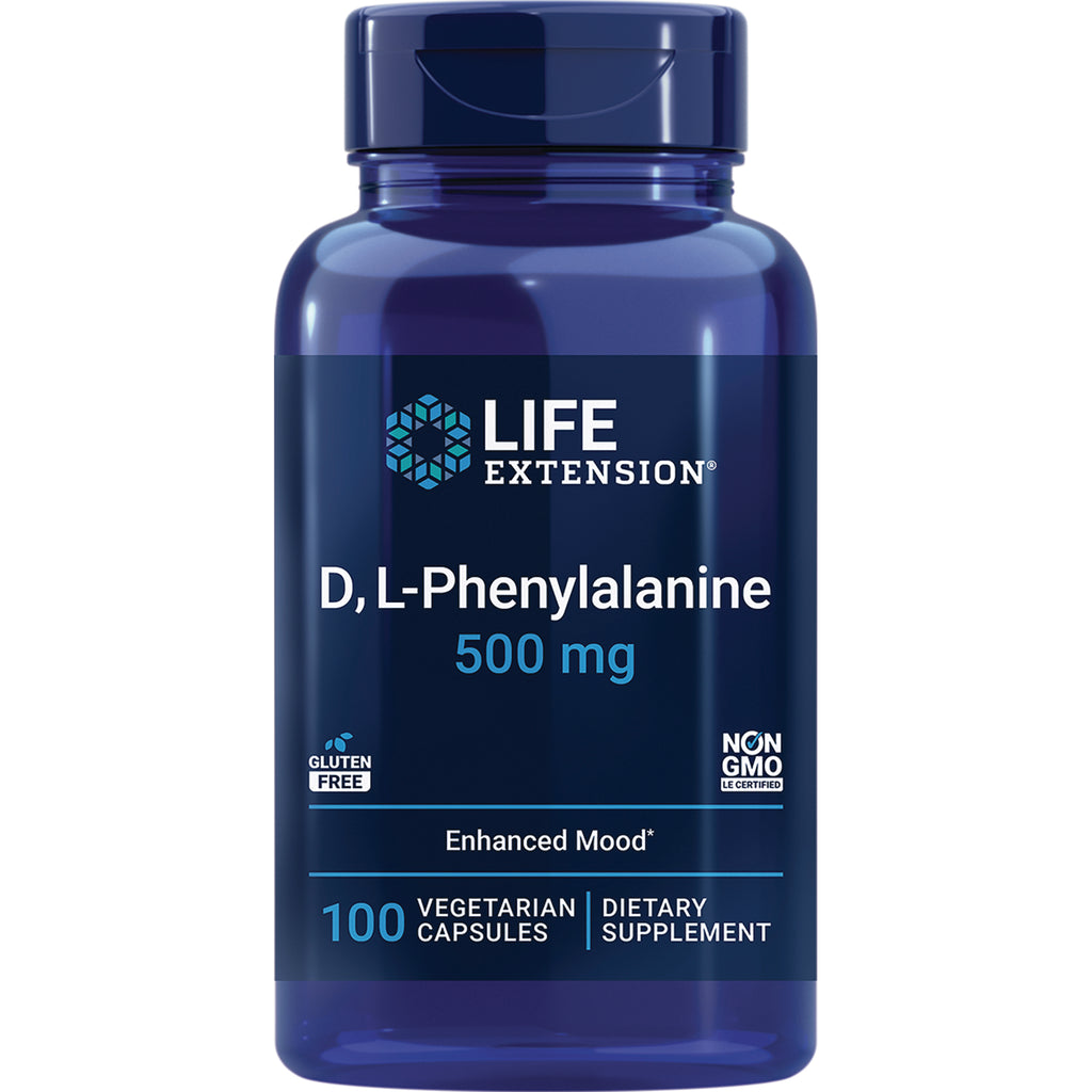 LE303 | Life Extension D, L-Phenylalanine 500 mg supplement bottle, 100 vegetarian capsules front label - Thumbnail