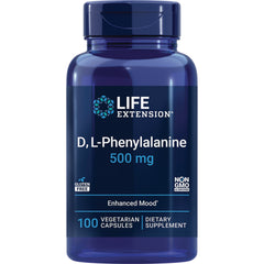 LE303 | Life Extension D, L-Phenylalanine 500 mg supplement bottle, 100 vegetarian capsules front label