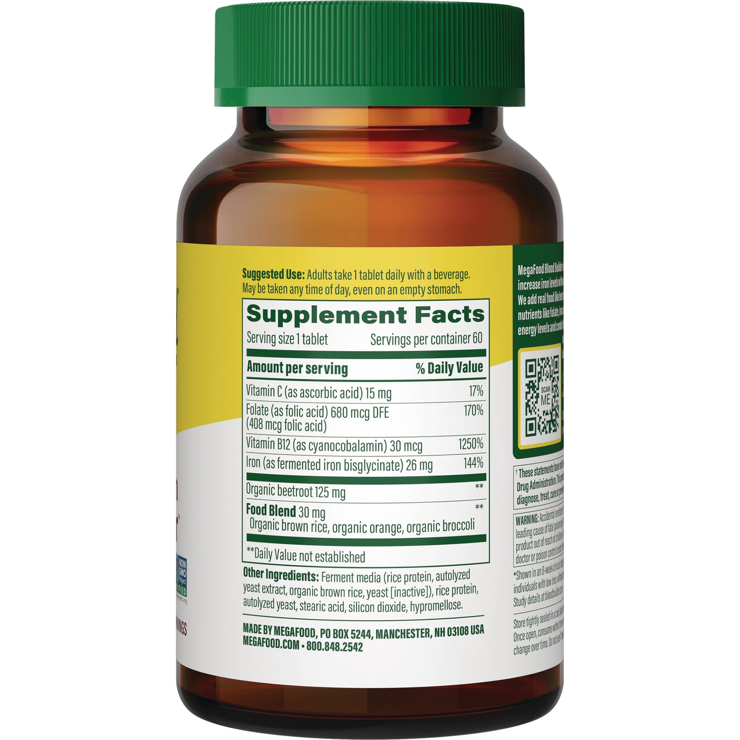 MGF028 | Back of amber supplement bottle showing Supplement Facts panel, ingredient list, and QR code