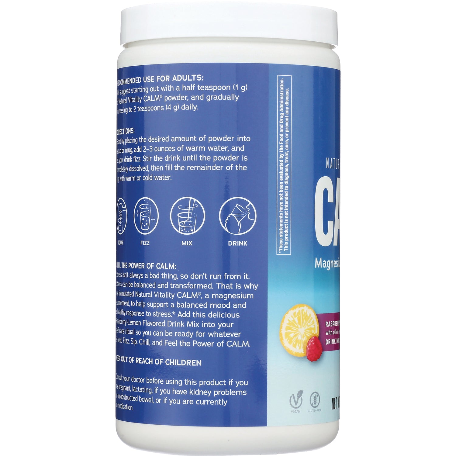 NVT002 | product infographic of supplement jar back label with usage icons (pour, fizz, mix, drink) and directions